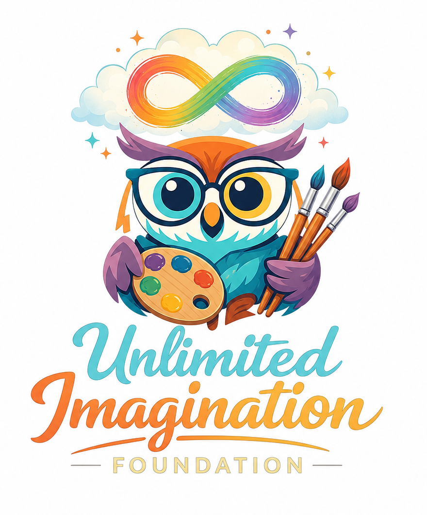Unlimited Imagination Foundation logo featuring a colorful owl artist and rainbow infinity symbol